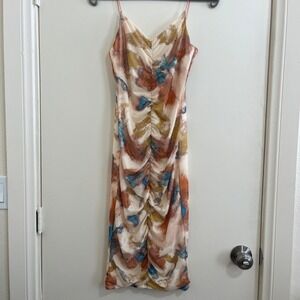 Y2K Abstract‎ Mesh Ruched Bodycon Dress Small Sheer Layered Artsy Indie Ethereal